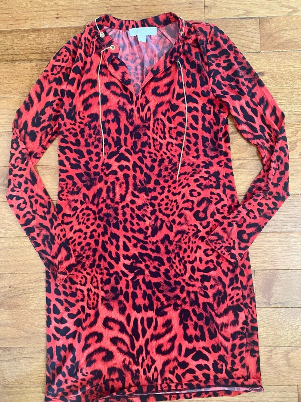 Michael Kors Red Leopard Print Chain Neck Sheath Dress Long Sleeve Sz S